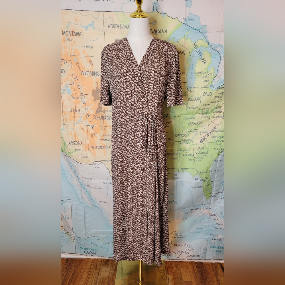 Vintage 1990s David Dart Brown Maxi Wrap Dress Size S Snap Front Tie Sides